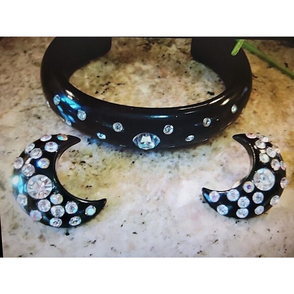 Rare Vintage Black Bangle Cuff Crescent Moon Clip Earrings Set AB Rhinestones - Picture 5 of 11